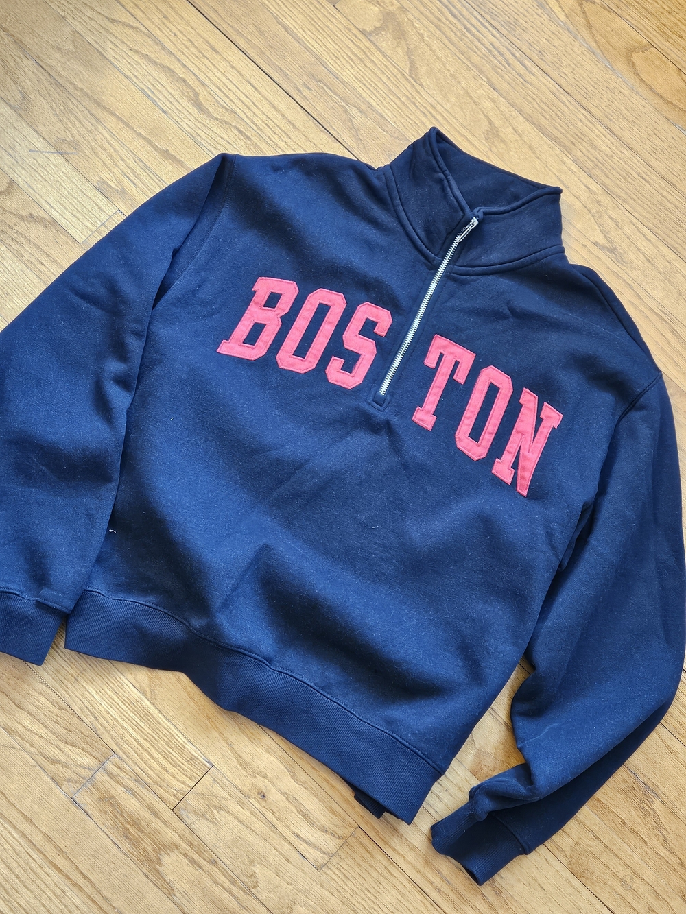Boston Graphic Half-Zip Women’s Sweatshirt - Navy with Red Lettering SZ L